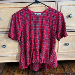 Madewell Red Plaid Peplum Blouse, xs